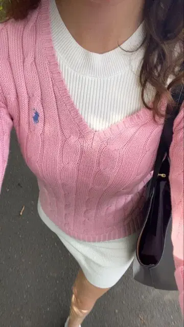 폴로 랄프 로렌 핑크 케이블 니트 V넥 스웨터