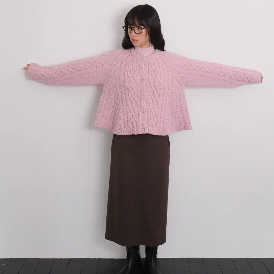 모의 flare cable knit cardigan(pink)