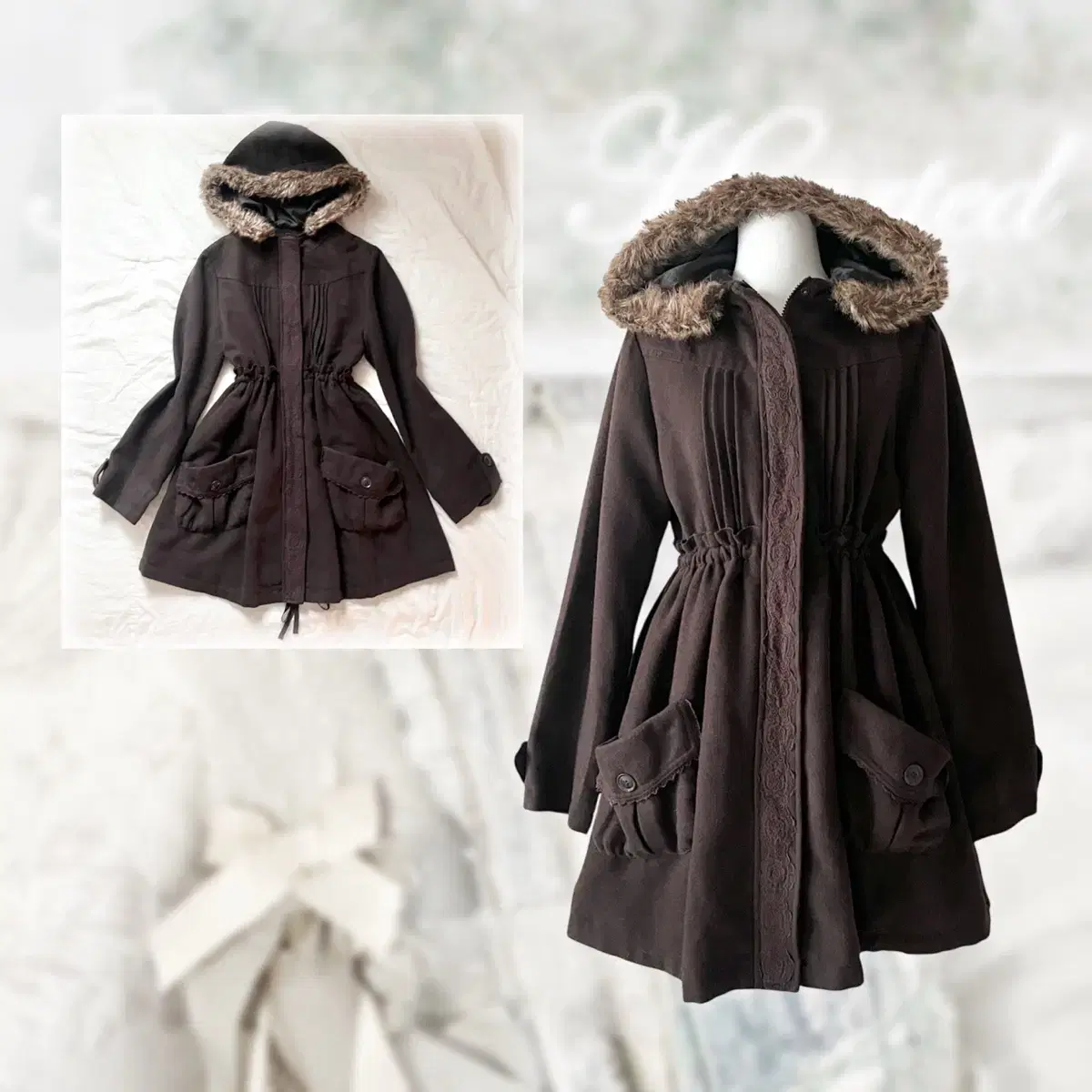 petite flute brown fur hood lace coat