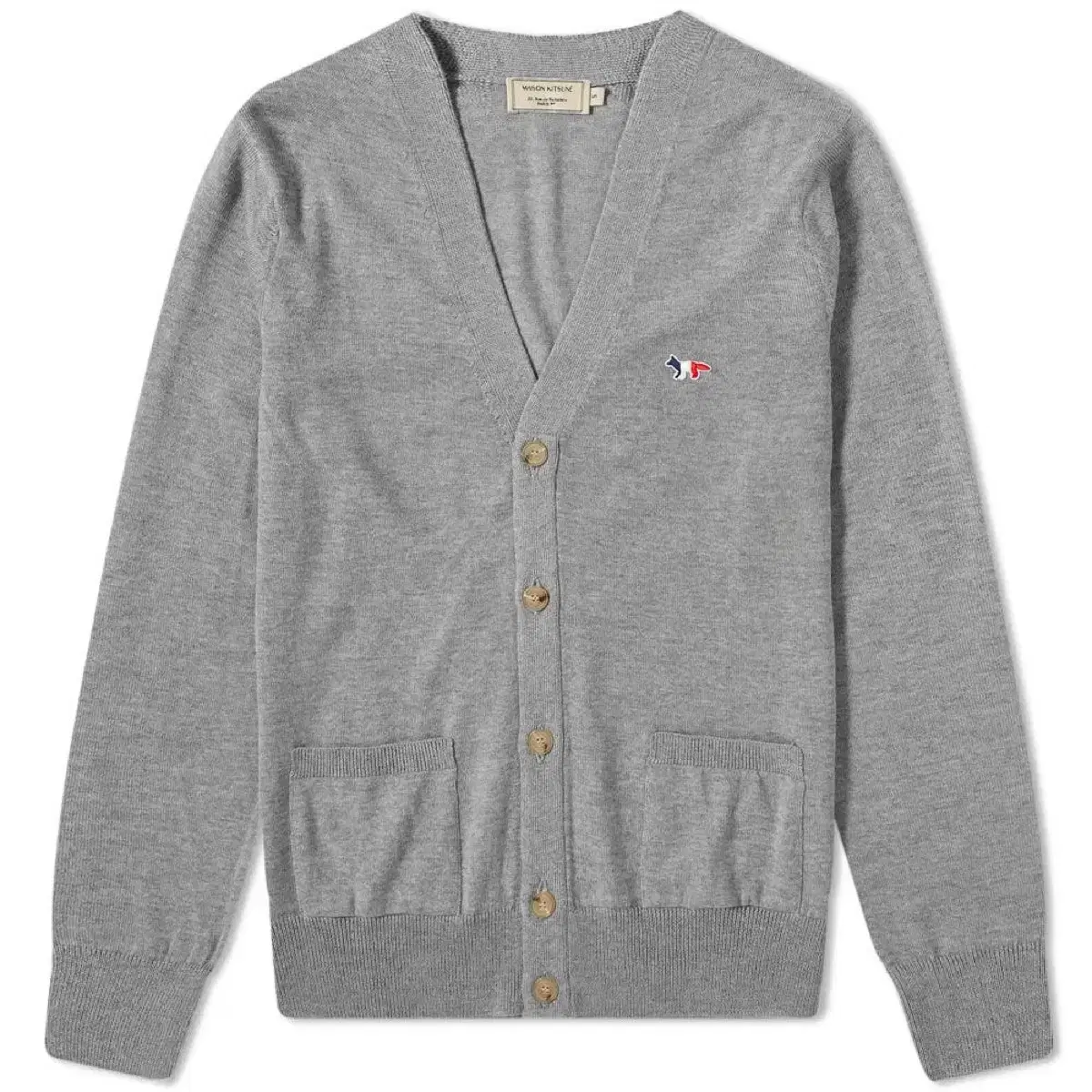 Maison Kitsune Tricolor Fox Patch Cardigan Gray