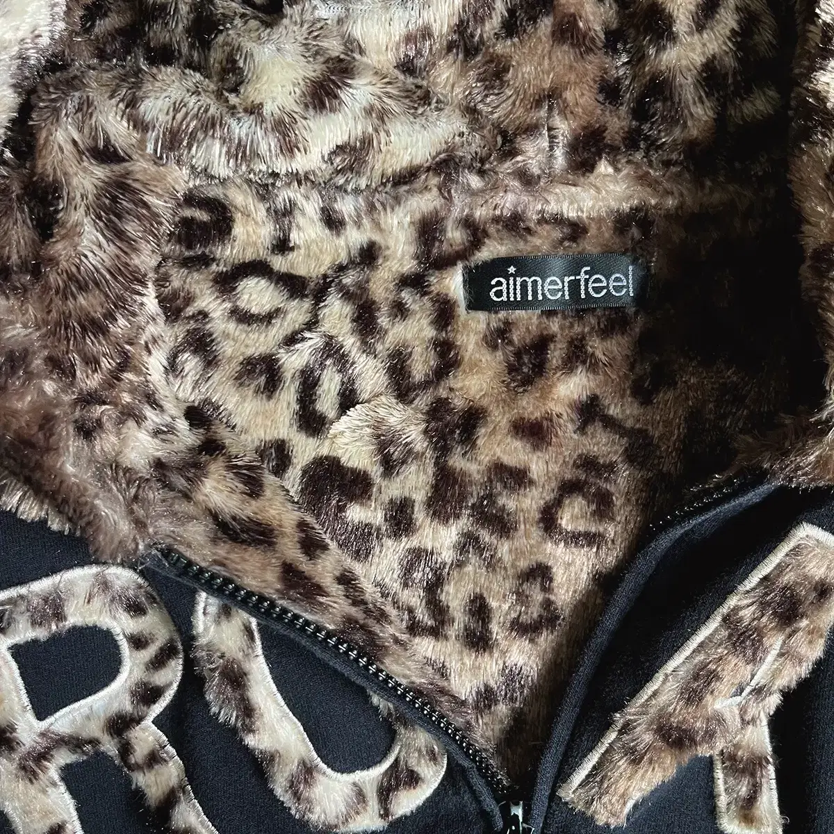 (aimerfeel) leopard fur zip-up hood