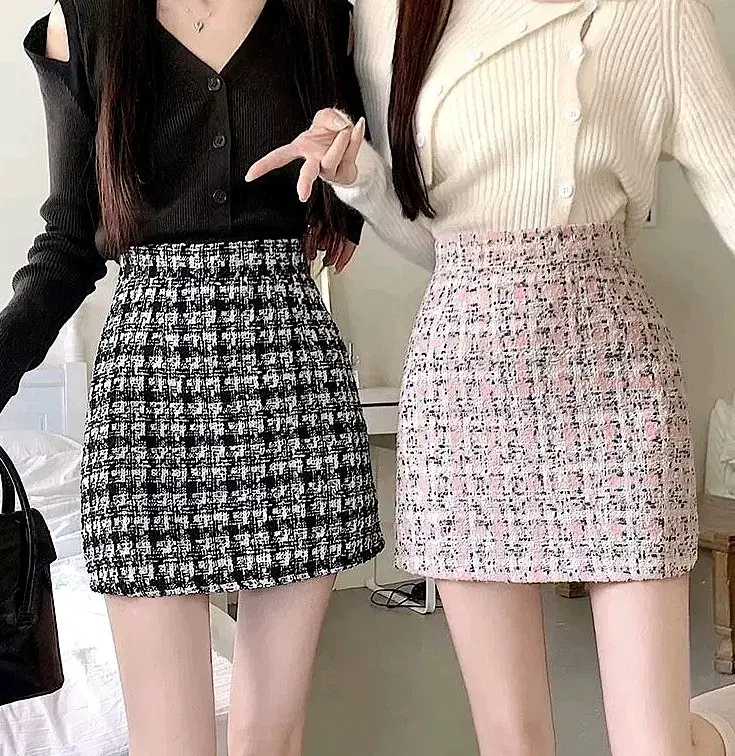 [2 colors] Tweed skirt, H-line skirt, high-waisted skirt, pink skirt, black guest look