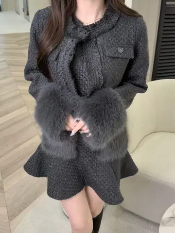 루미뇽 tweed fur snow jacket pocket fur op