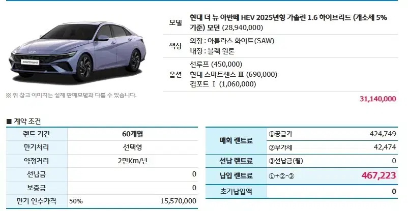 아반떼 하이브리드 월 46만원 즉시출고