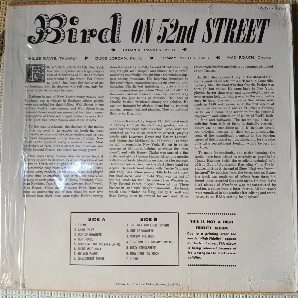 Lp중고 미개봉 BIRD ON 52 STREET JAZZ 음반 판매합니다