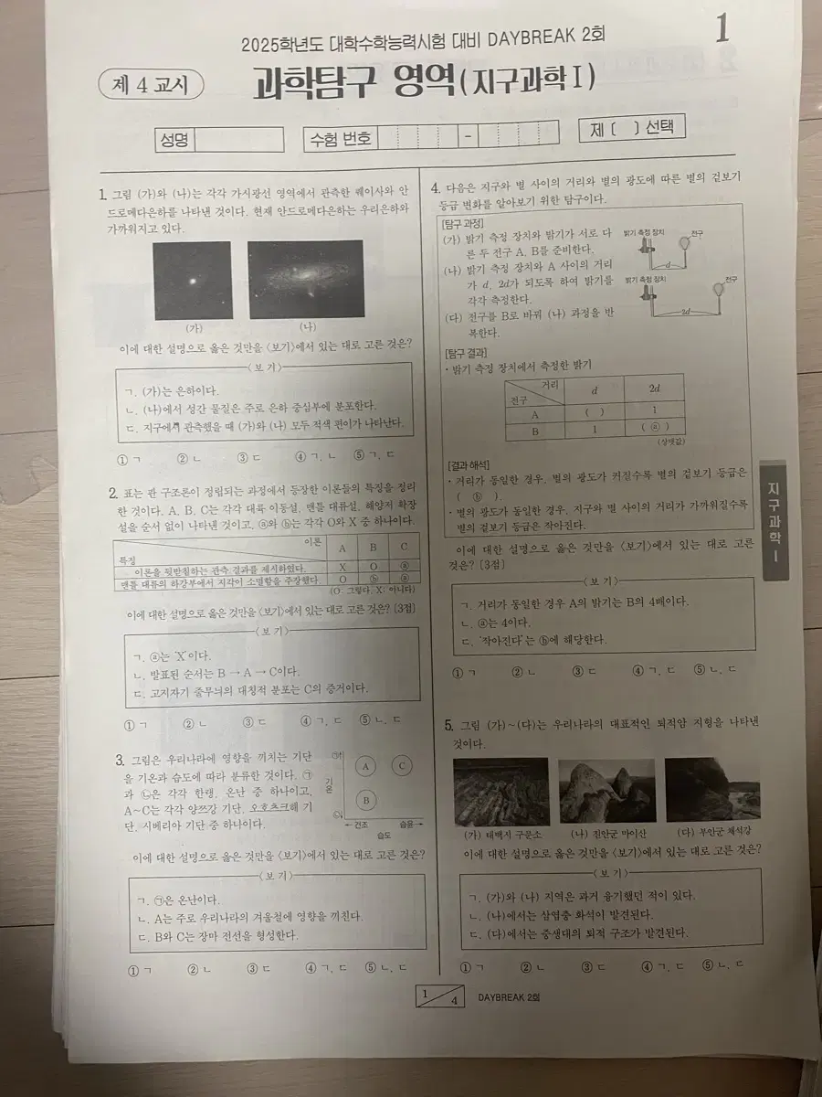 2025 시대인재 박선t 지구과학1 지1 데이브레이크 모의고사 DAYBR