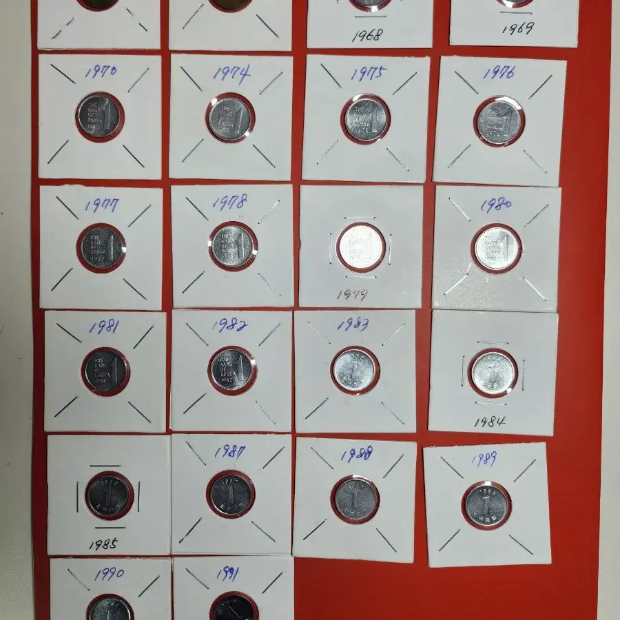 옛날돈 1966년~1991년 1원짜리 동전 사용제와미사용 혼합