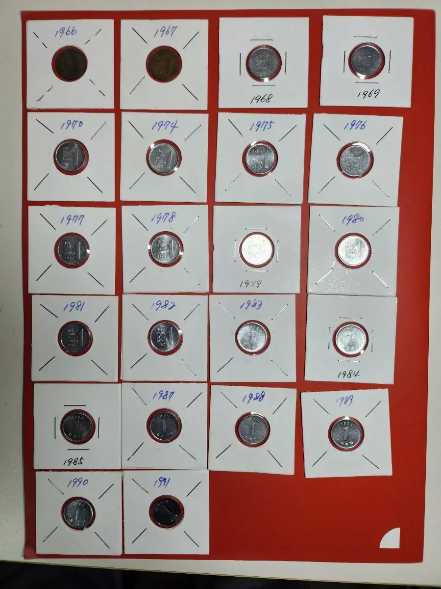 옛날돈 1966년~1991년 1원짜리 동전 사용제와미사용 혼합