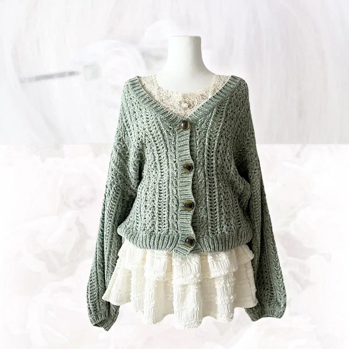 soft green knit cardigan