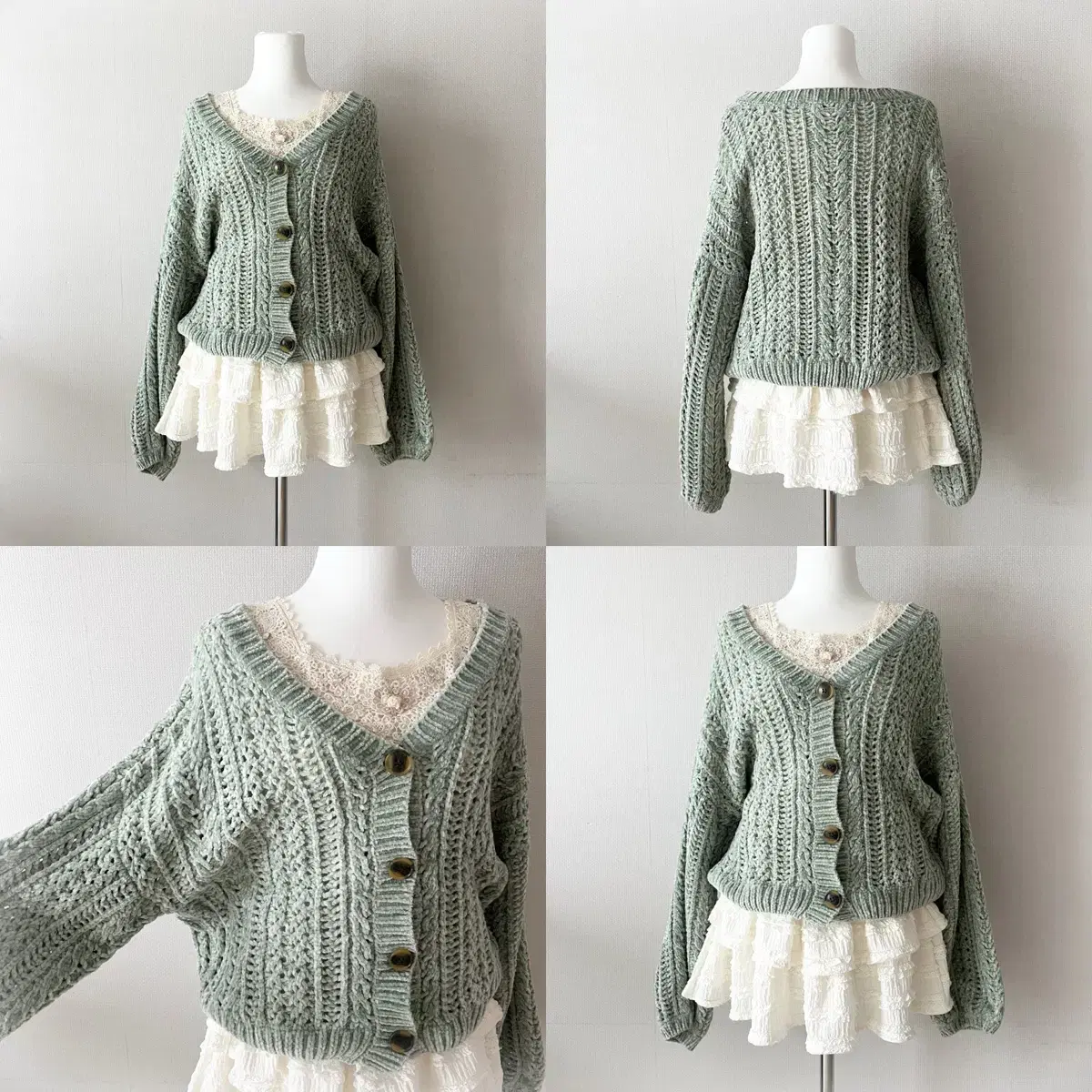 soft green knit cardigan