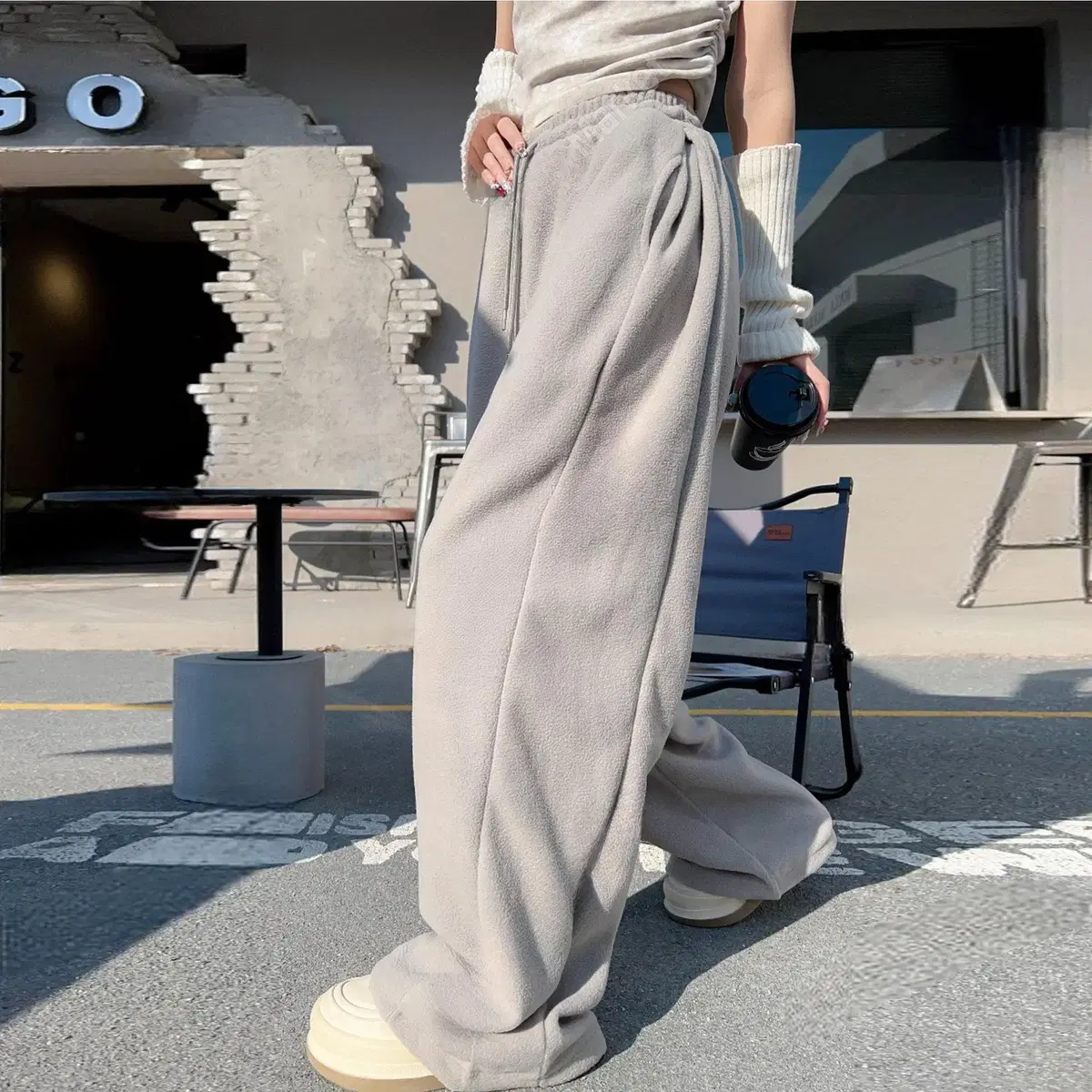 [Double-sided fleece string-pin-tuck pants] 2547. Cream Brown Gray Black