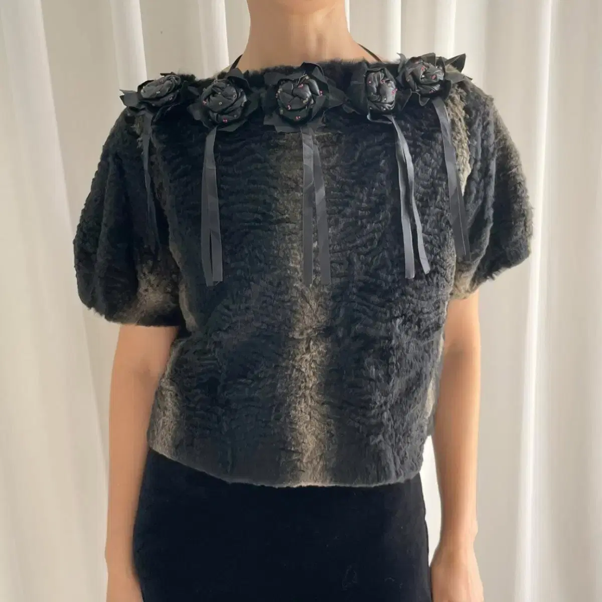 Black Fur Rose Top (Lamb Skin)