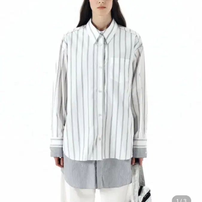 마뗑킴 Double Layers Stripe Shirt in Grey