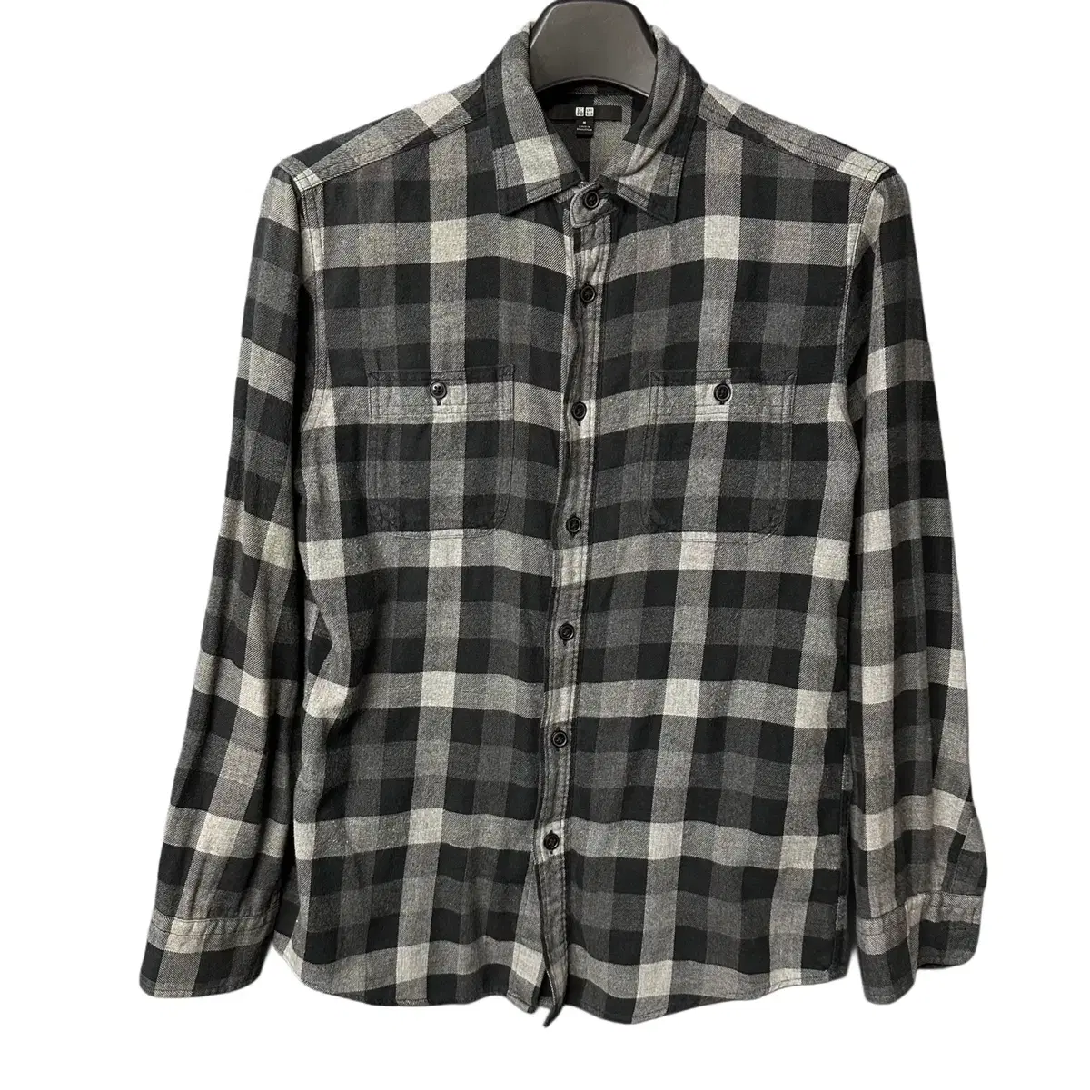 M UNIQLO Black Gray Check Shirt Men's Short Sleeve Shirt