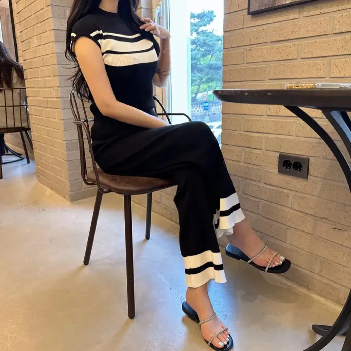 High-quality imported two-tone color-blocked cap-sleeve knit wide-leg pants two-piece training set