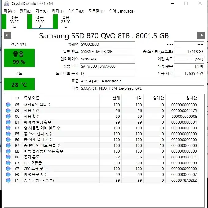 삼성 SSD 870 QVO  ,2.5인치 SATA 8테라