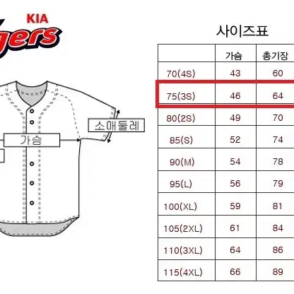 기아타이거즈 이용규 유니폼 75 S