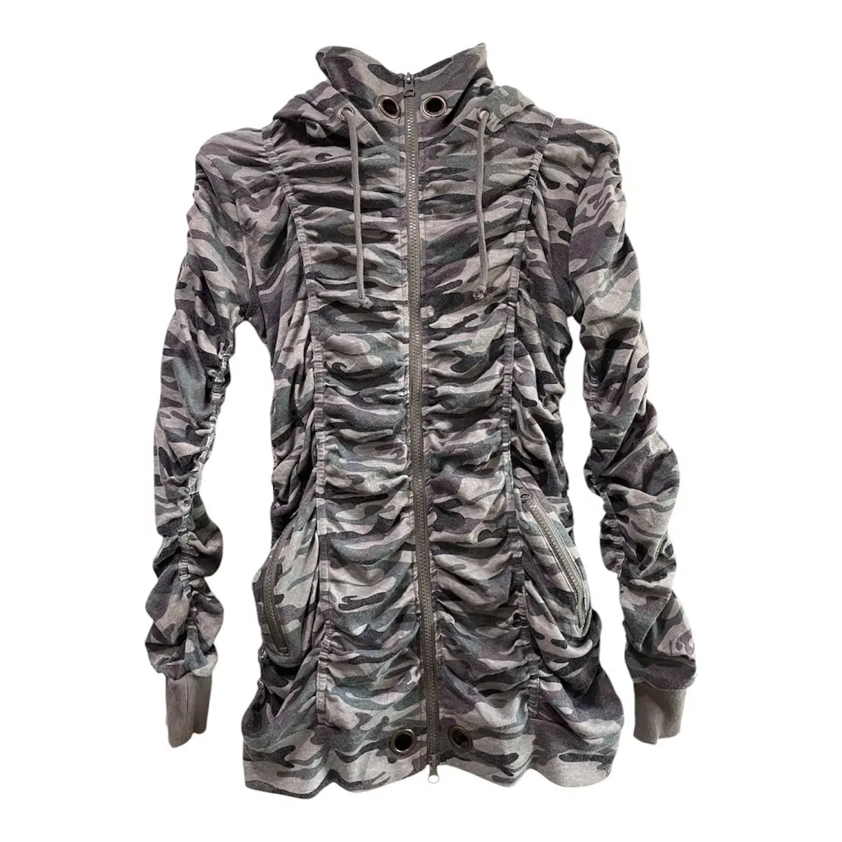 Skinny lip Camo shirring hooded zip-up