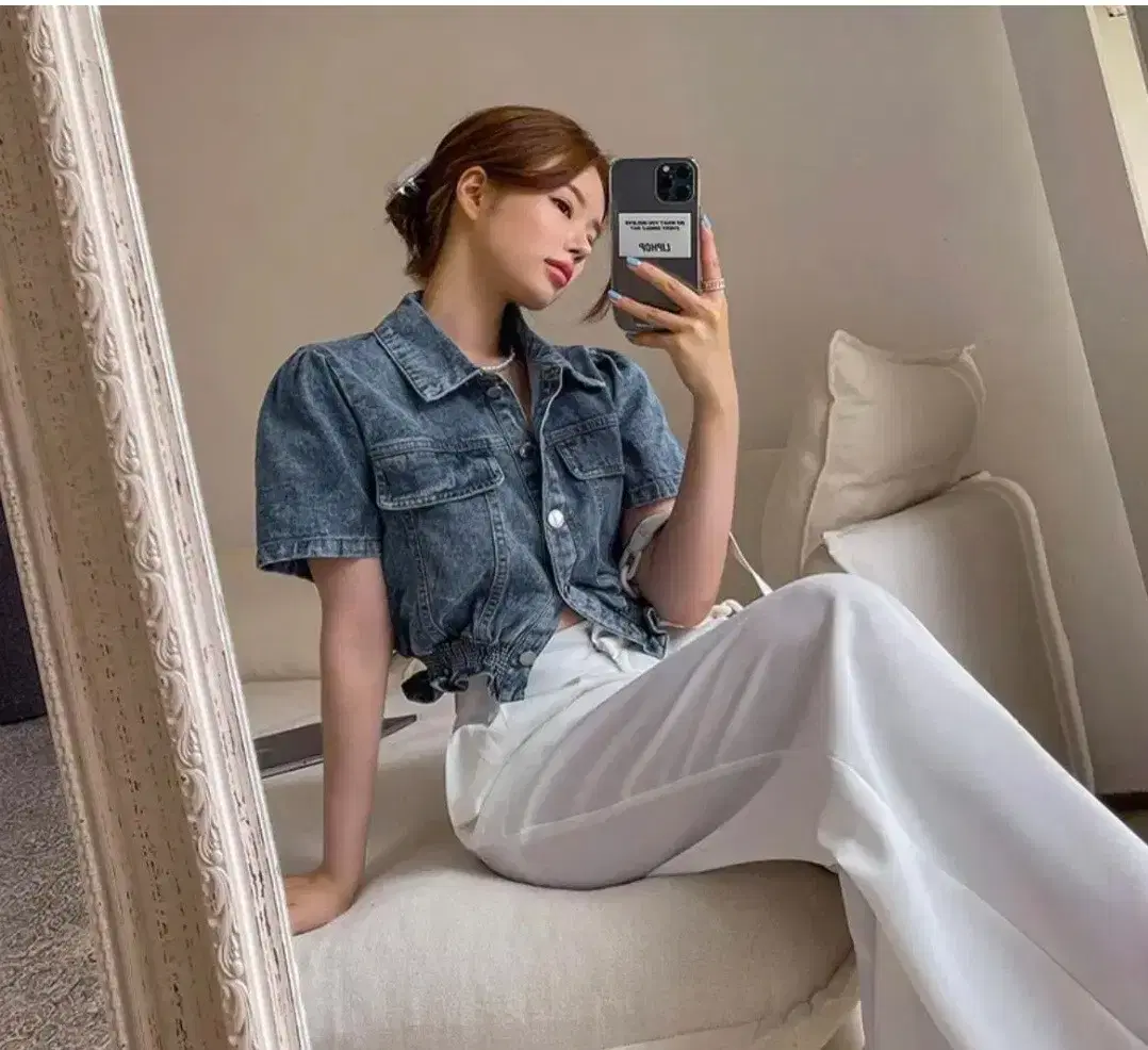 Ribbed frill denim short sleeve cropped jacket blouse