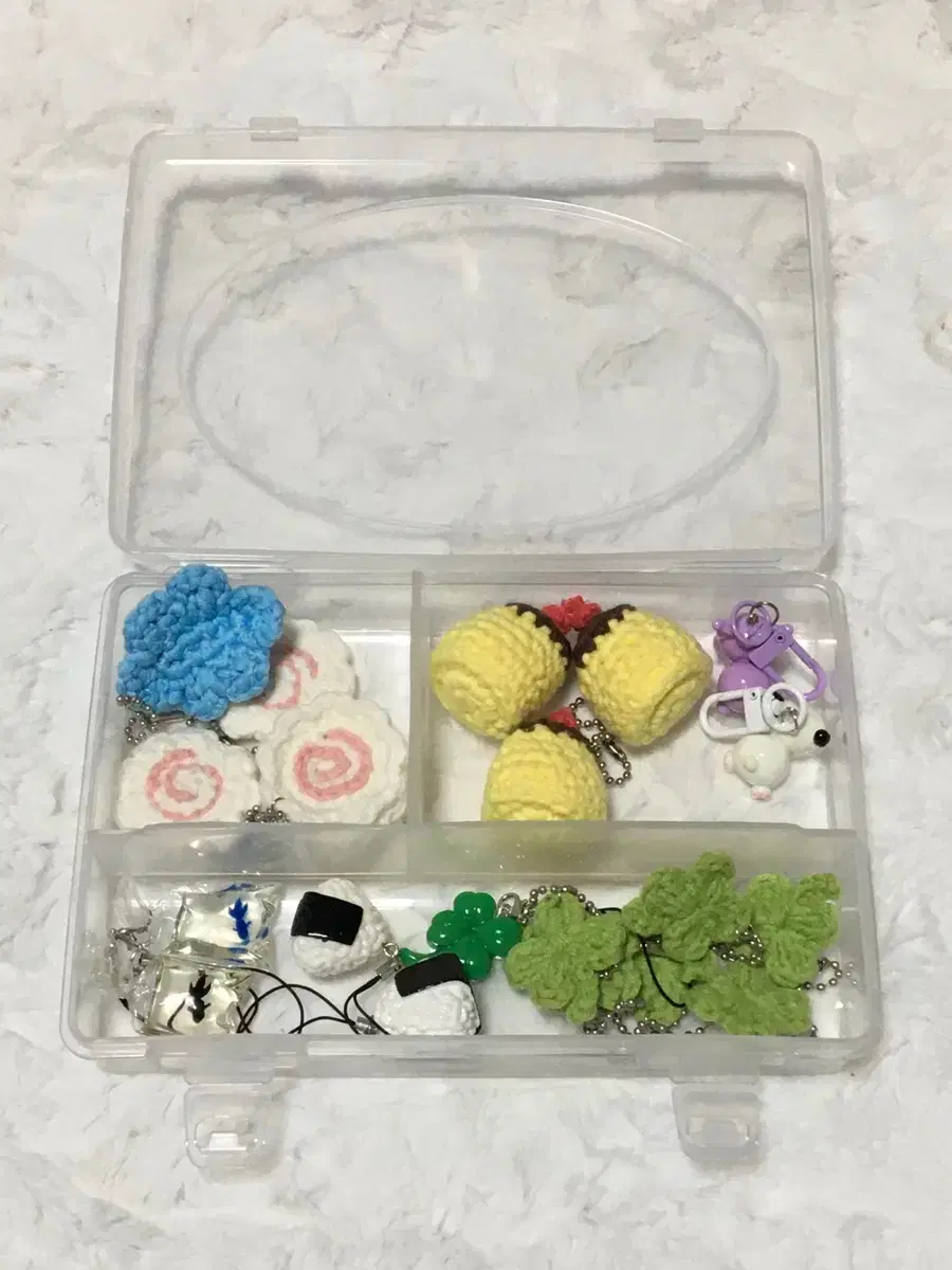 keyring, four-leaf clover pudding, Naruto maki, Sanrio