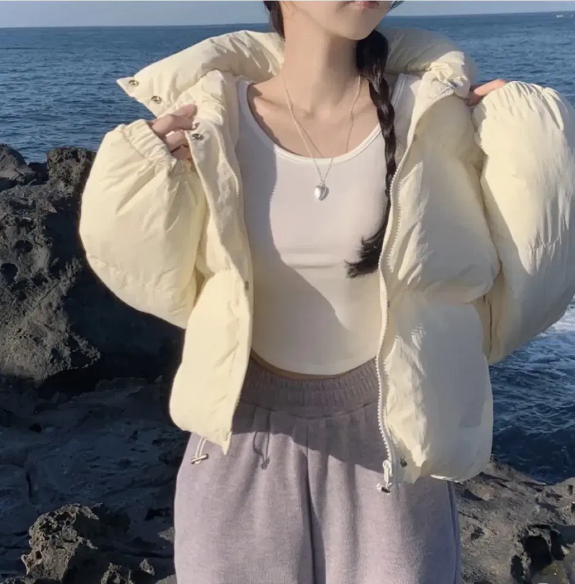 Overfit string-knit jumper Cropped short padded jacket