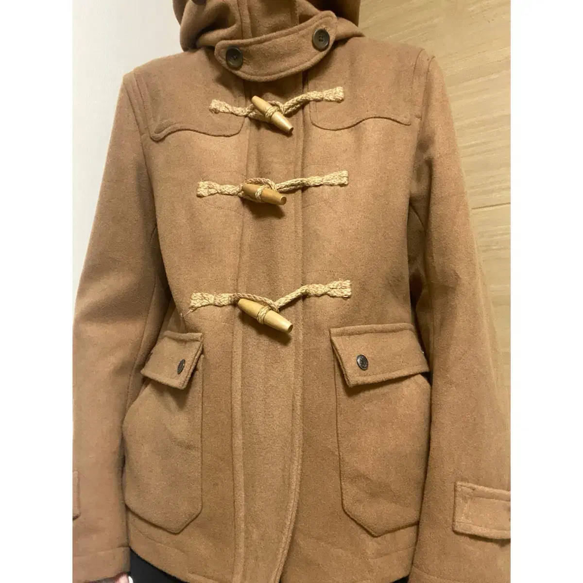 Japanese Vintage Wool Blend Brown Duffle Coat Mochiko Hooded Outerwear High-Neck Half-Coat