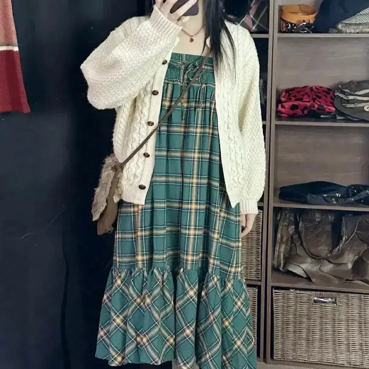 y2k checkered top long dress and long skirt skirt green Japanese vintage Mori Girl Ha-Gumi Look