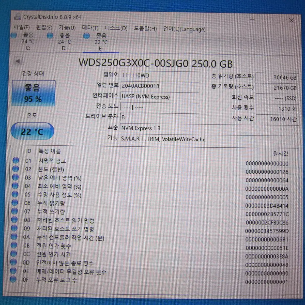 WD BLACK SN750 M.2 NVMe 250G (AS 25년40주)