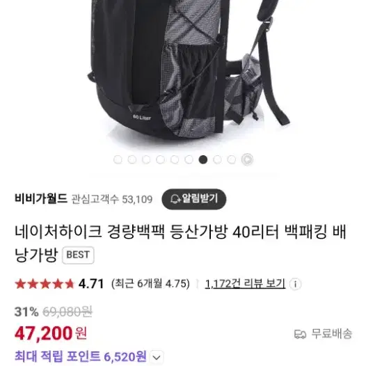 네이쳐하이크 백패킹가방.등산가방 40리터+5리터 팝니다