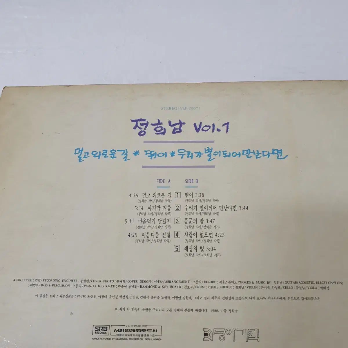 정희남 1집 LP  1988   조동익.이병우참여앨범