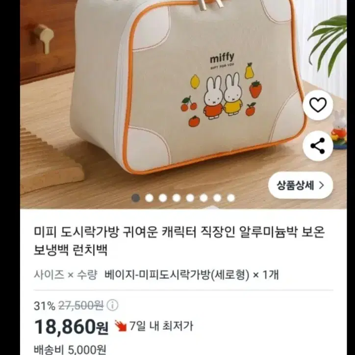 새상품)미피 캔버스 피크닉가방 보조가방 도시락 가방