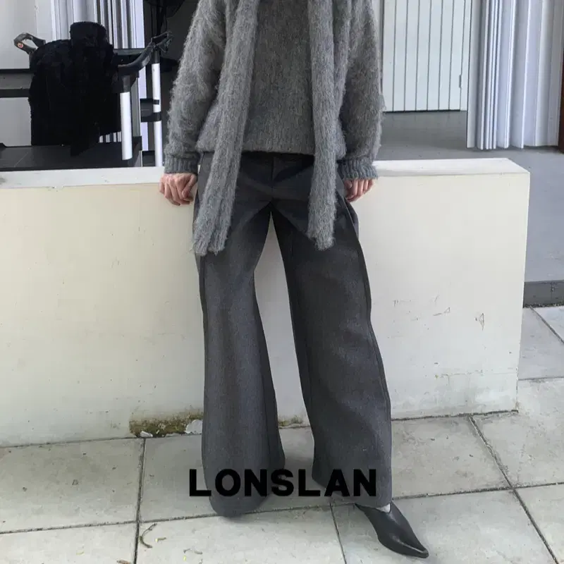 LONSLAN 팬츠 그레이 라인 울 모직 와이드 슬랙스