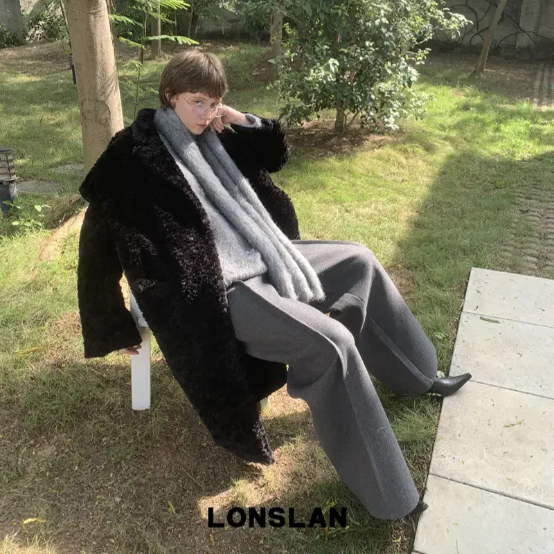 LONSLAN 팬츠 그레이 라인 울 모직 와이드 슬랙스