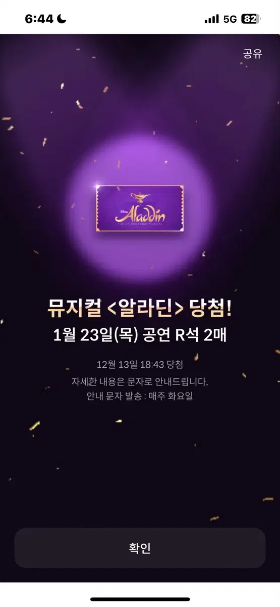 뮤지컬 알라딘 1월 23일 R석