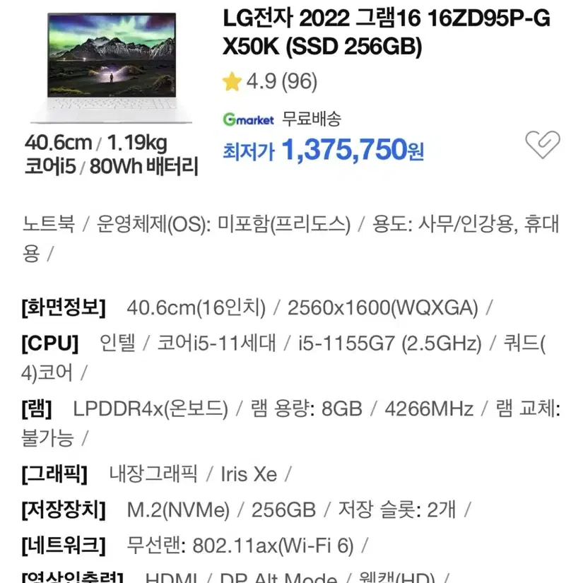 LG 그램 노트북 16ZD95P-GX50K