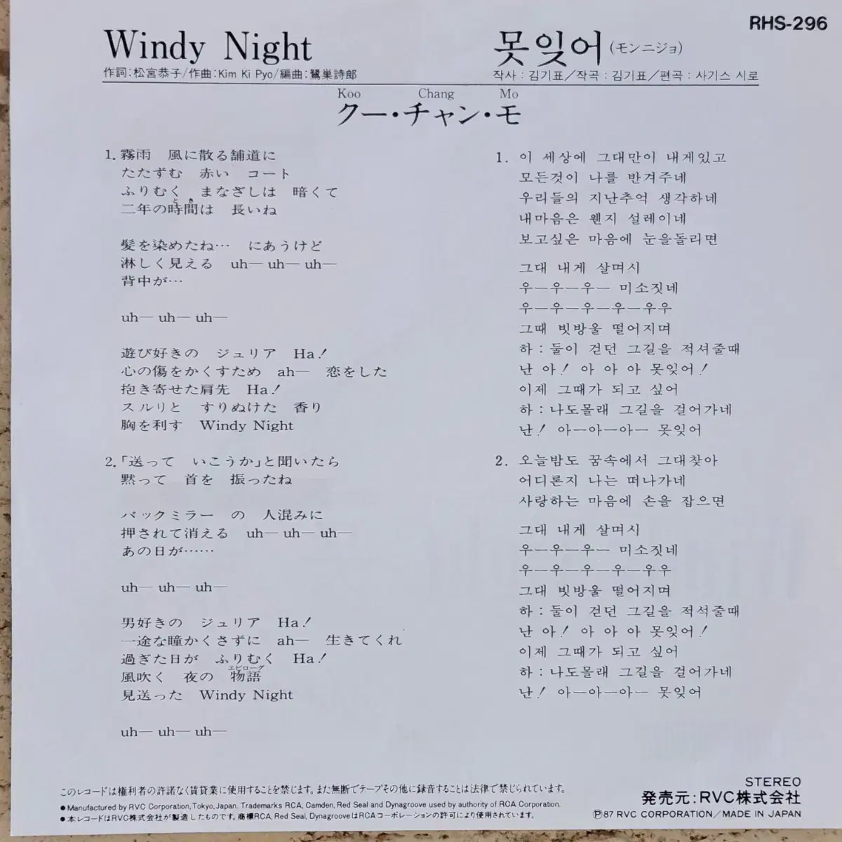 구창모 못잊어 (Windy Night) 싱글 LP (백색라벨,희귀)