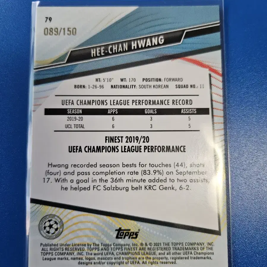 축구)황희찬 150장 한정 2020 Topps 블루 리플렉터 카드