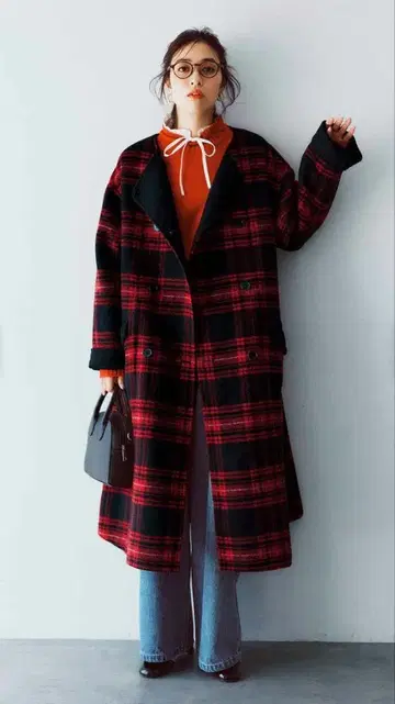 FELISSIMO 리버서블 빨검 체크 더블 브레스트 롱 코트