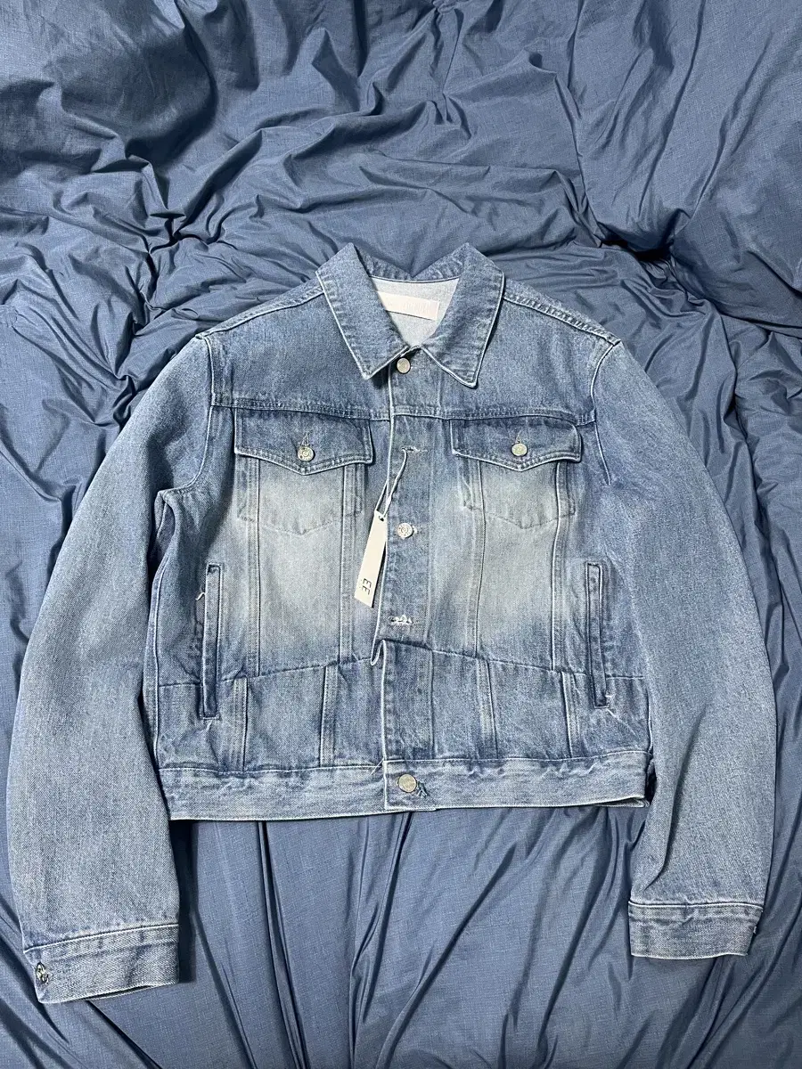 Diagonal Cut Denim Jacket-Blue