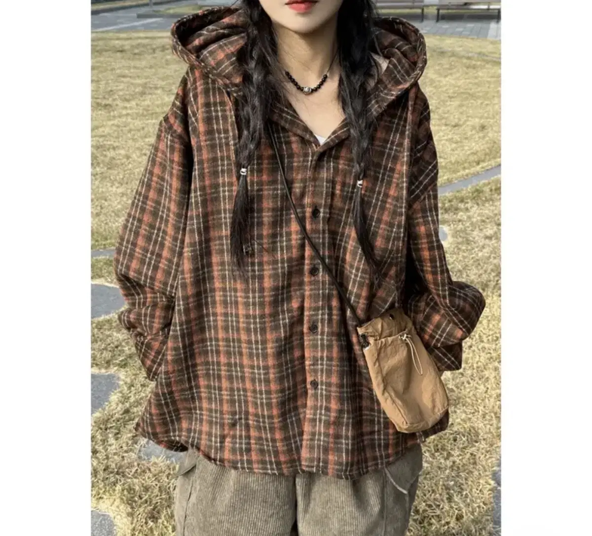 Unisex Hooded Country Check Loose Shirt