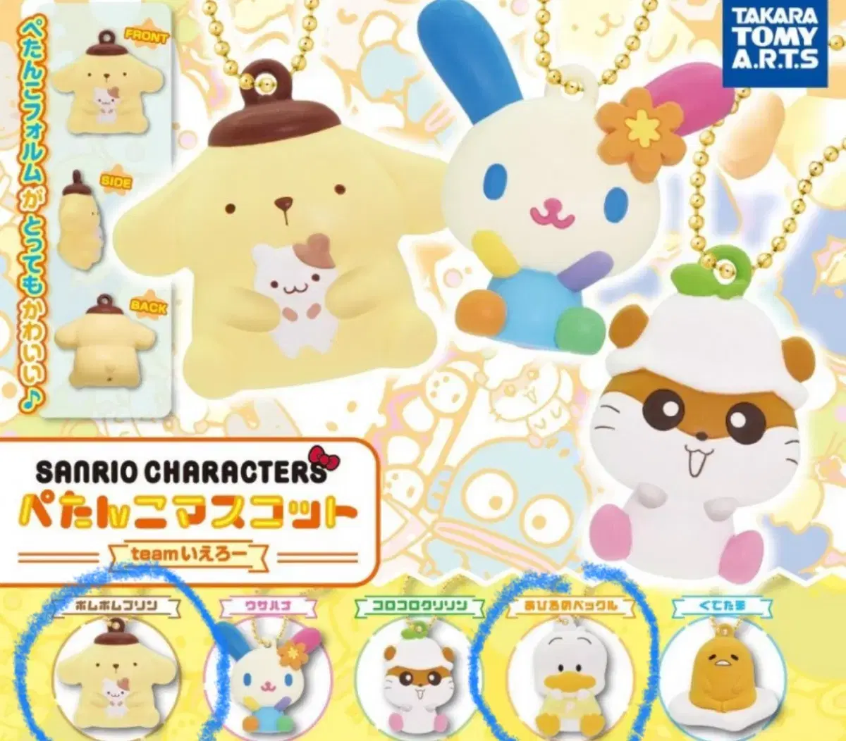 Sanrio Flat Figure Gacha keyring (Pekel, Pompompurin)