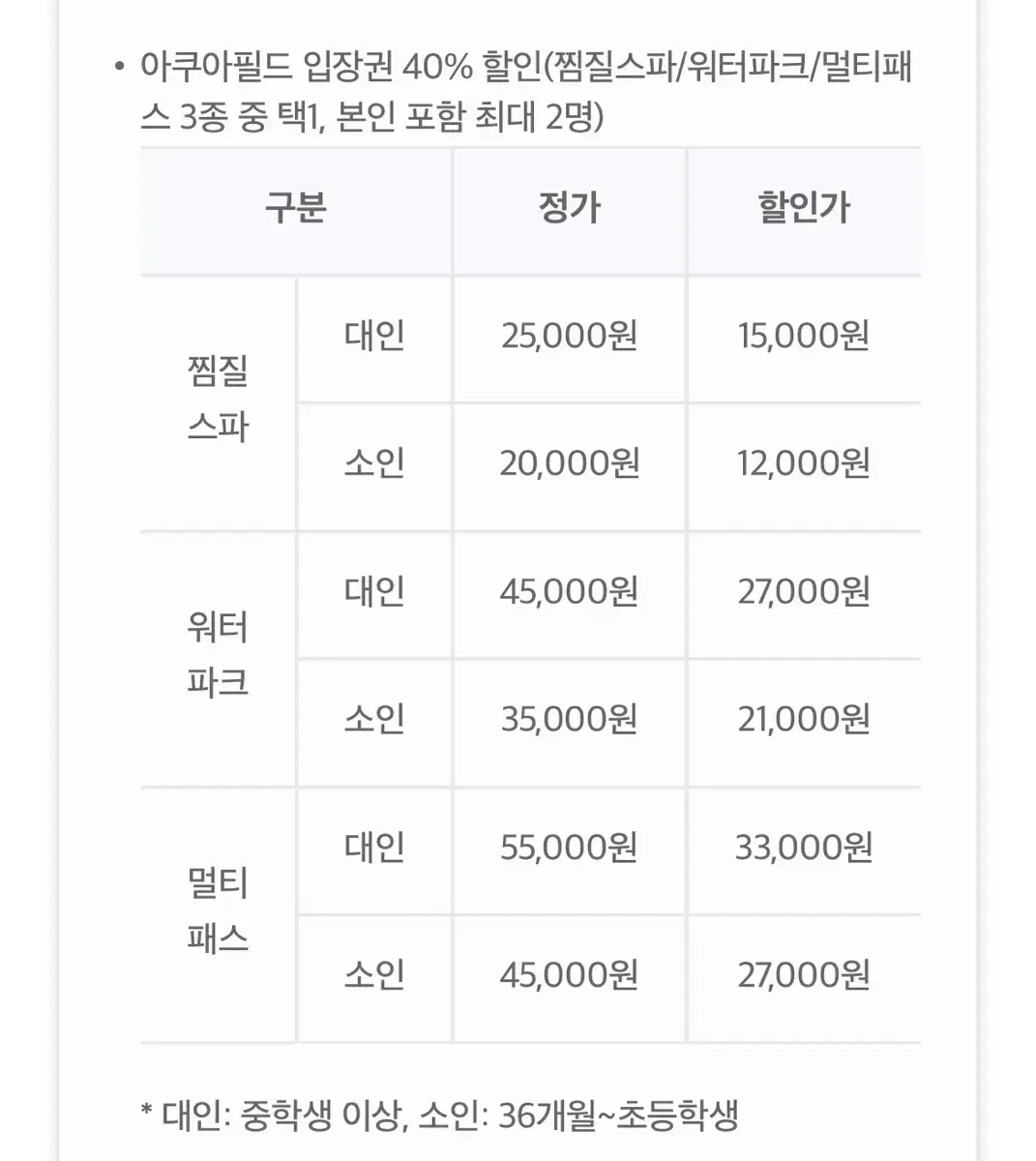 아쿠아필드 40% 할인쿠폰 (최대 2인)