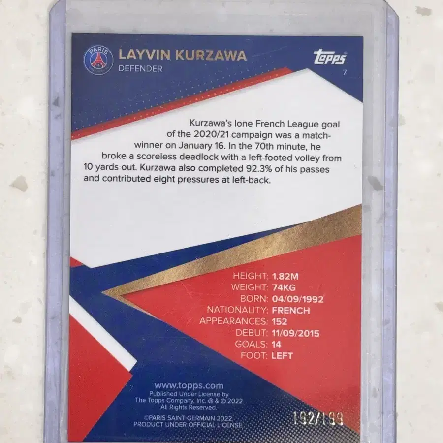 22 탑스 PSG 팀셋 레벵 쿠르자와 199한정 축구카드