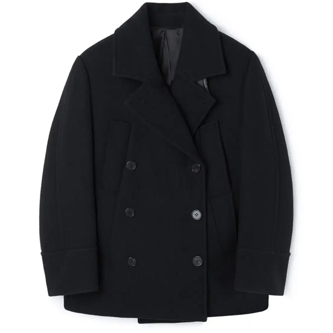 문선 2-Way Double Pocket Pea Coat [Black]