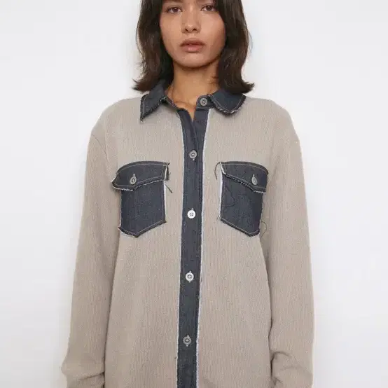 폴리수엠 DENIM PATCHWORKED SHIRT, BEIGE