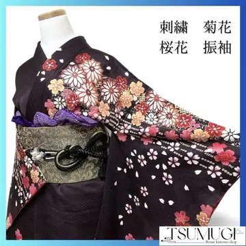 자수 국화 벚꽃 꽃송이 사슴뿔 단풍 후리소데 기모노 014a p