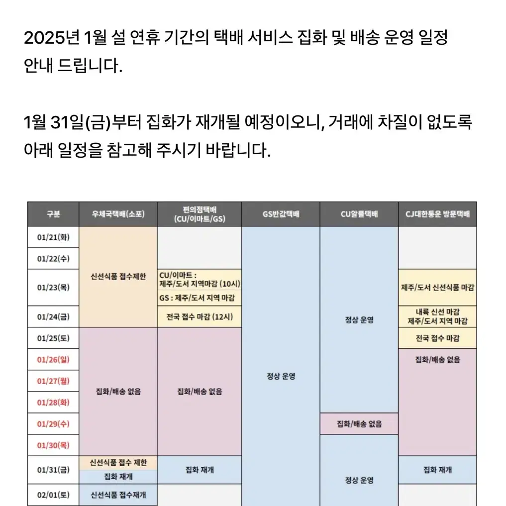 설 연휴 택배 일정 안내