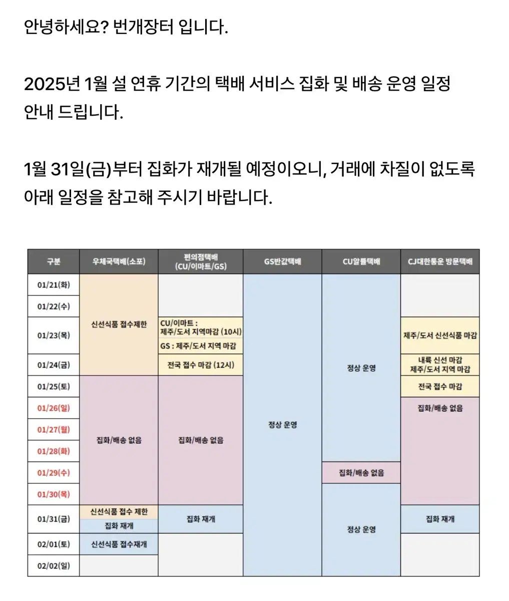 설 연휴 택배 일정 안내