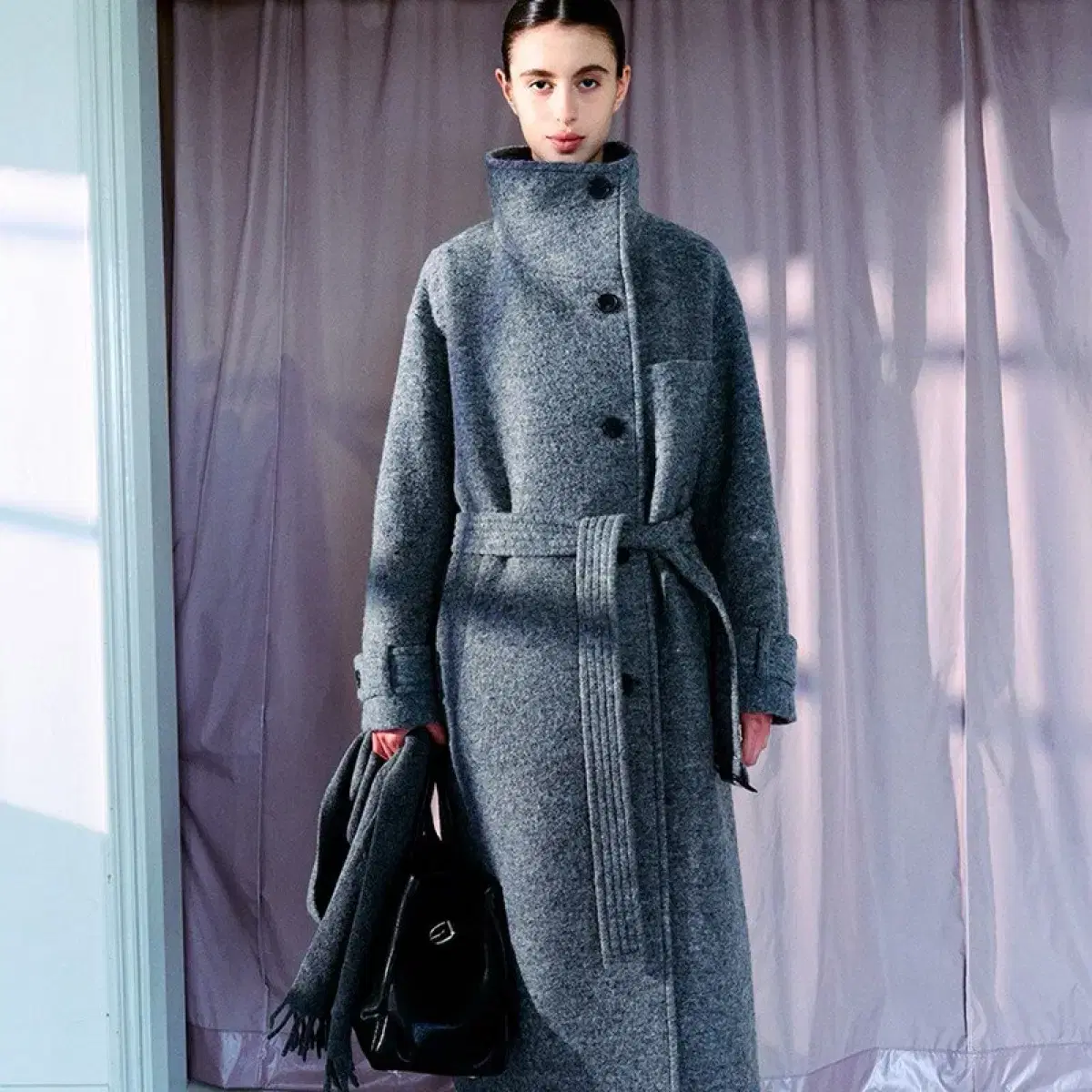 루에브르)Belted High-Neck Long Coat