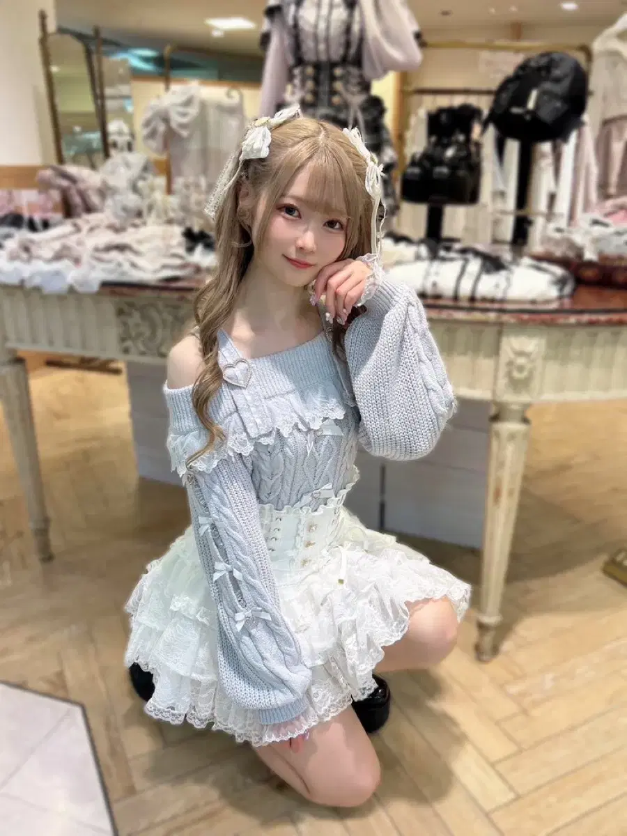 Liz Lisa Heart Buckle Ruffle Off-the-Shoulder Knit bloo Mass-produced mine detector Mizuiro